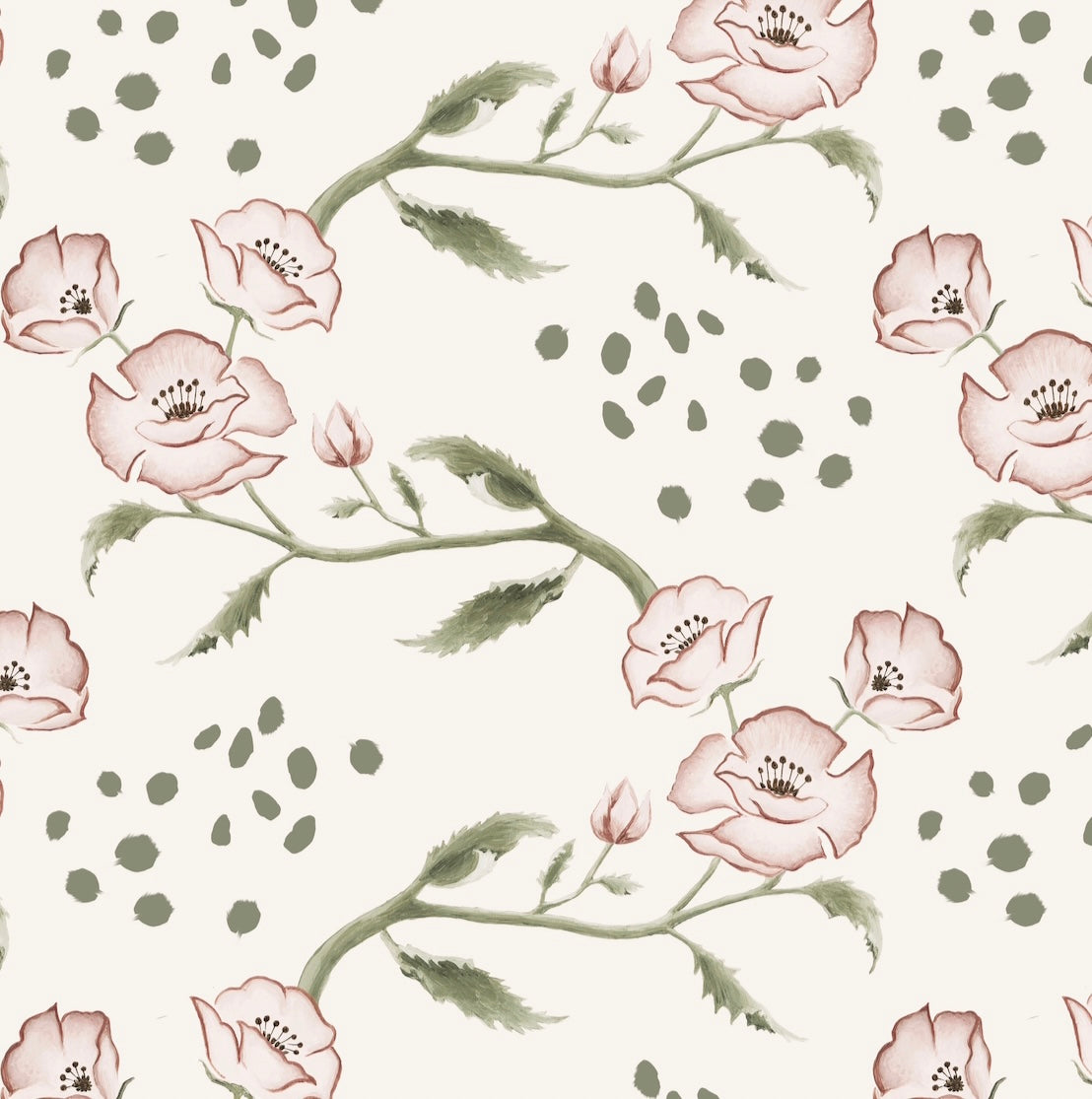 Art Nouveau Floral Wallpaper Off White, Pink and Green