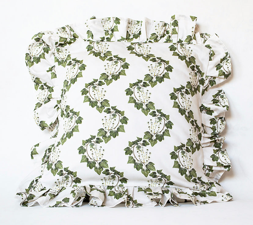 ruffled cushion, frilly cushion, ivy leaf print, 