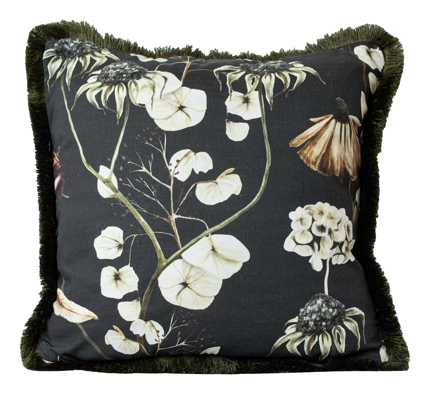 Delicate hand-painted floral design cushion with olive green fringing trim. Beautiful flowers featuring roses, dried petals and trailing blossom, dark and moody.