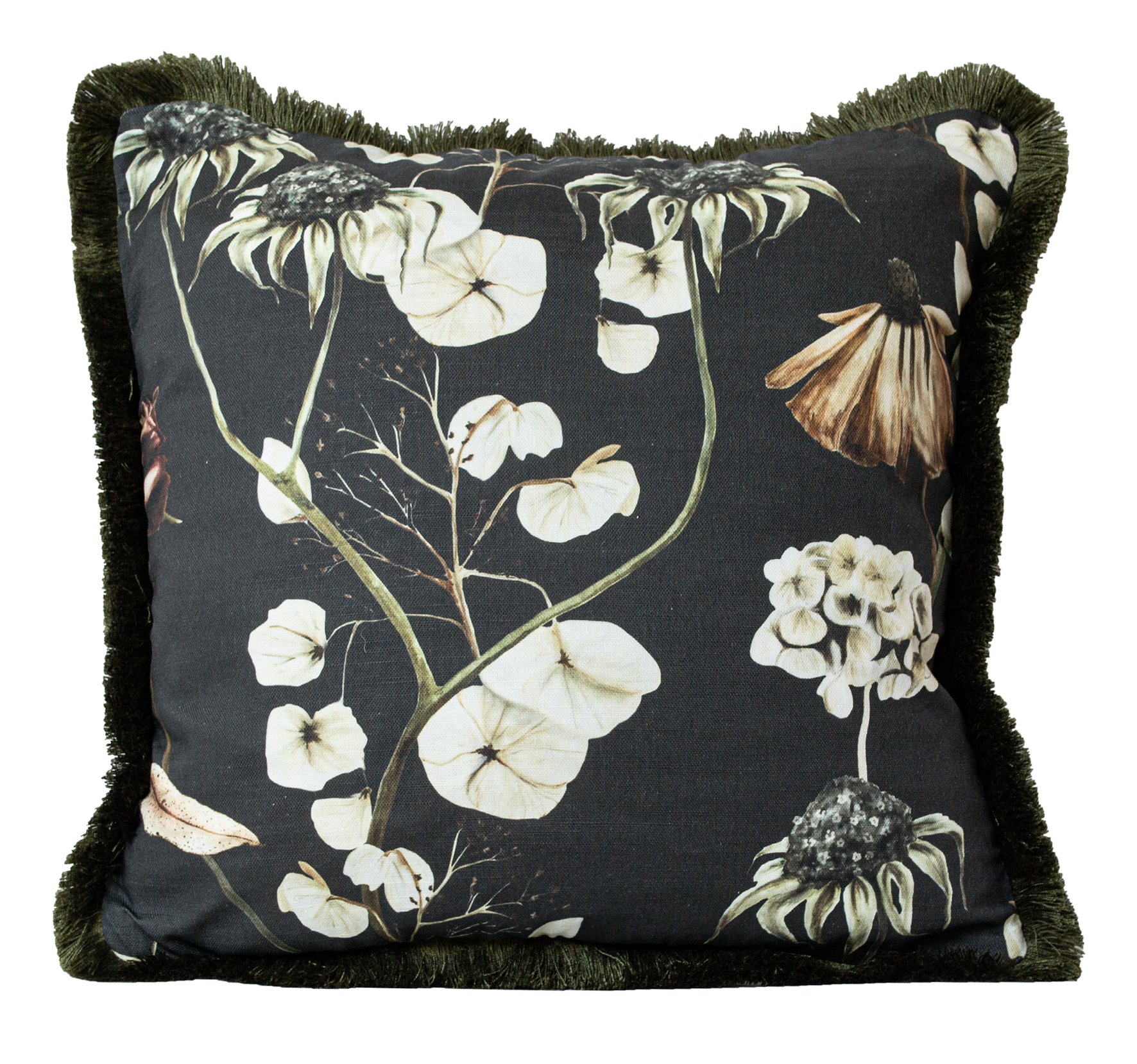 Delicate hand-painted floral design cushion with olive green fringing trim. Beautiful flowers featuring roses, dried petals and trailing blossom, dark and moody.