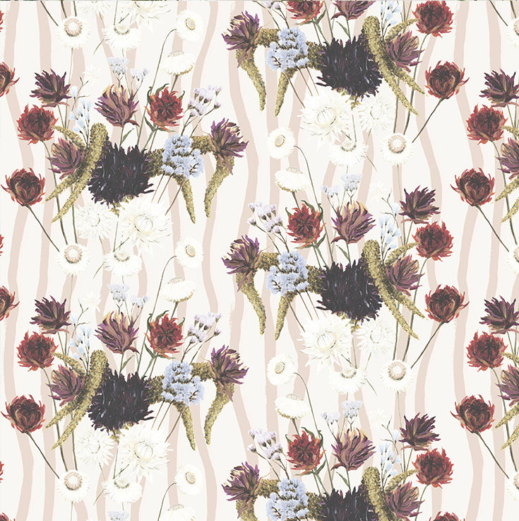 Dried Flowers Stripe Fabric in Pearl White/Pink