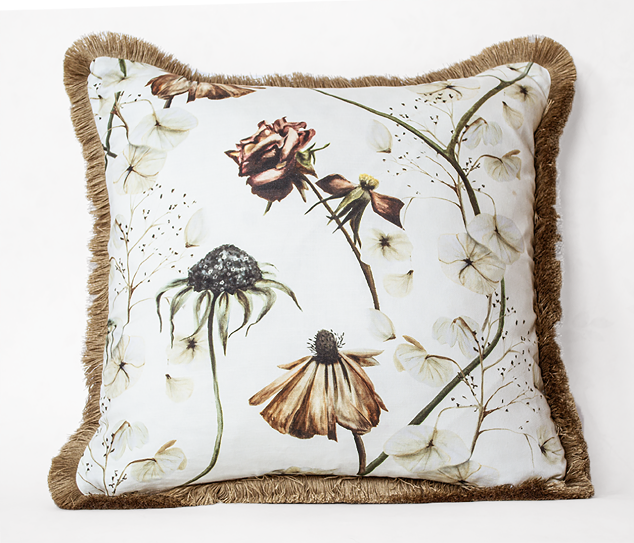 Delicate hand-painted floral design cushion with bronze gold fringing trim. Beautiful flowers featuring roses, dried petals and trailing blossom, best luxury cushions for sofa